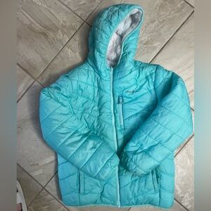 Eddie Bauer Girls Aqua Quilted Puffer Jacket with Hood Reversible size 14-16